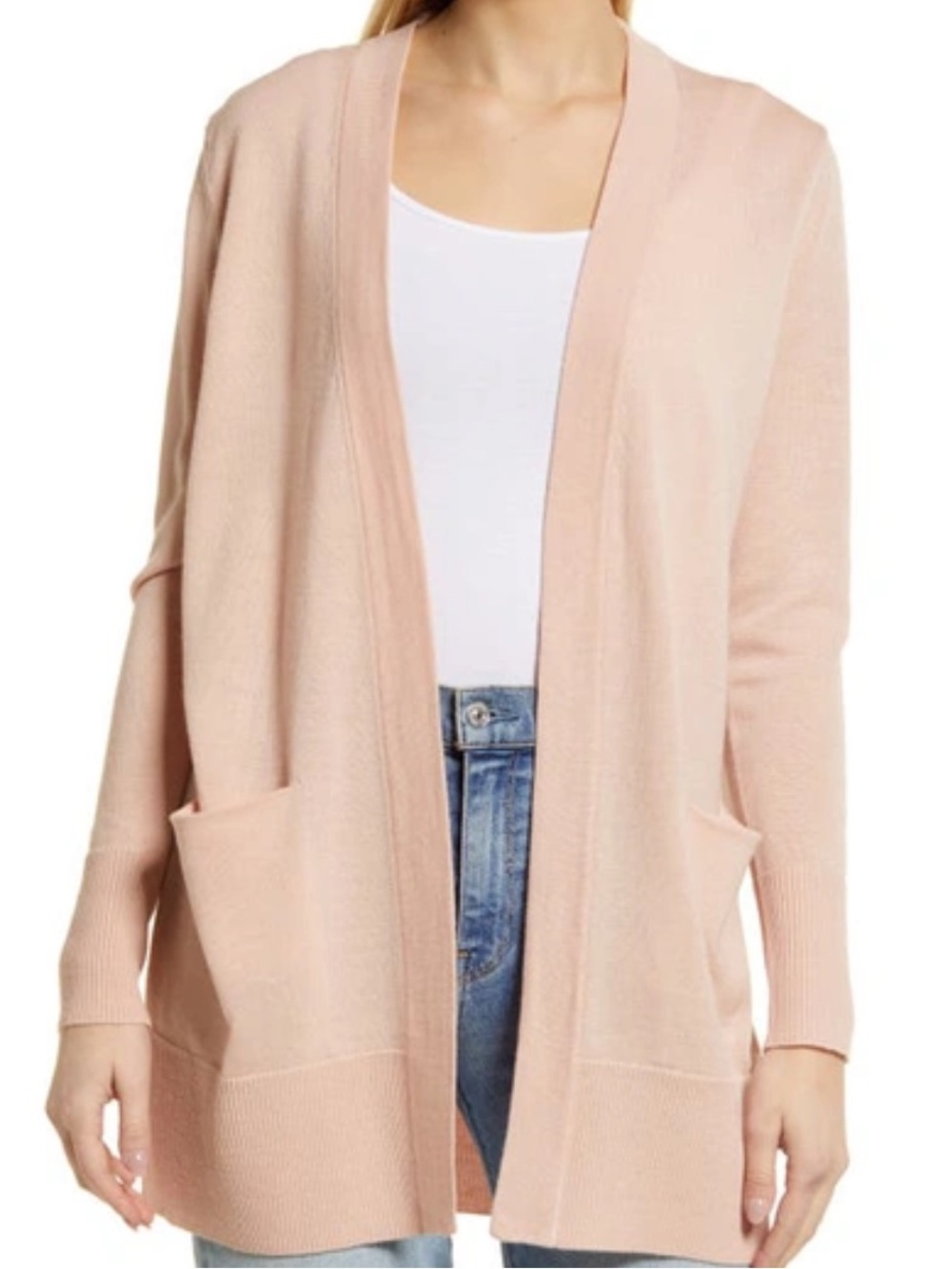 NWOT Nordstrom 49% merino wool Open-Front Cardigan pale pink/Soft Blushe M